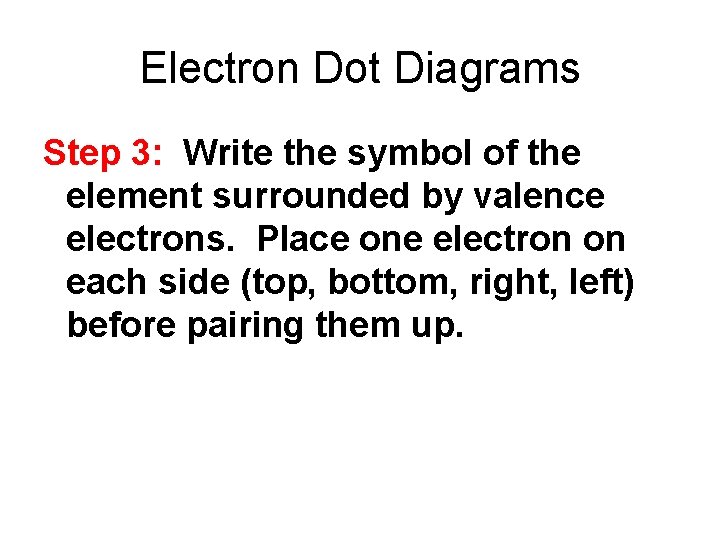 Electron Dot Diagrams Step 3: Write the symbol of the element surrounded by valence
