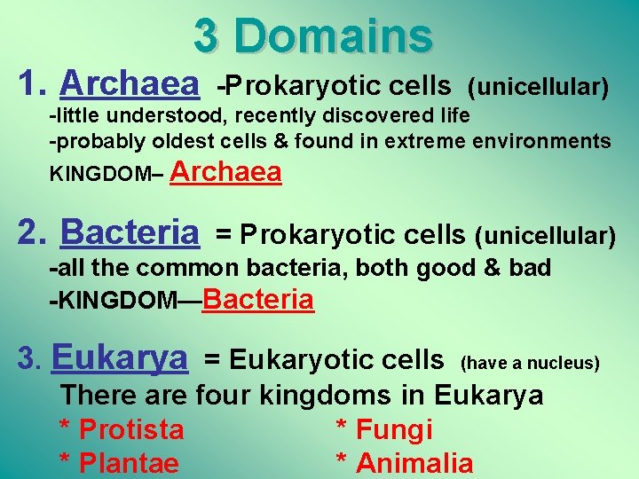 3 Domains 1. Archaea -Prokaryotic cells (unicellular) -little understood, recently discovered life -probably oldest