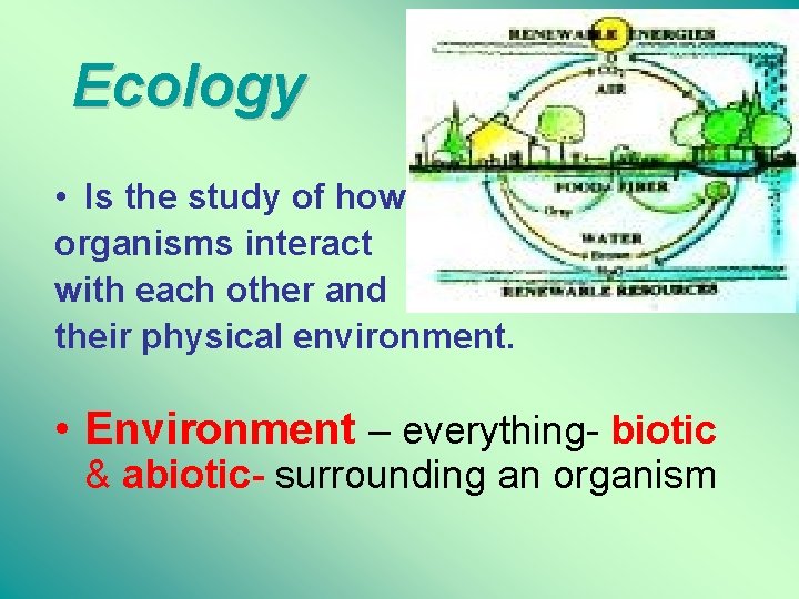 Ecology • Is the study of how organisms interact with each other and their