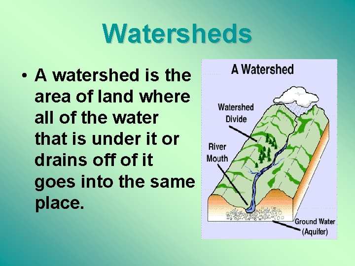 Watersheds • A watershed is the area of land where all of the water