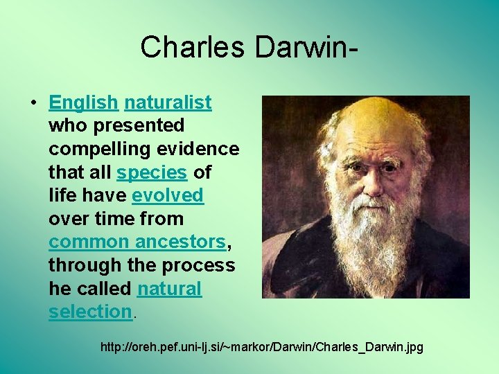 Charles Darwin • English naturalist who presented compelling evidence that all species of life