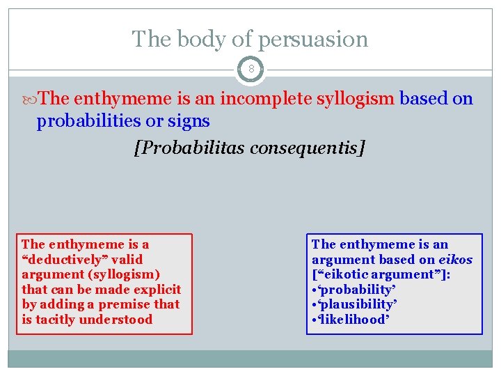 The body of persuasion 8 The enthymeme is an incomplete syllogism based on probabilities