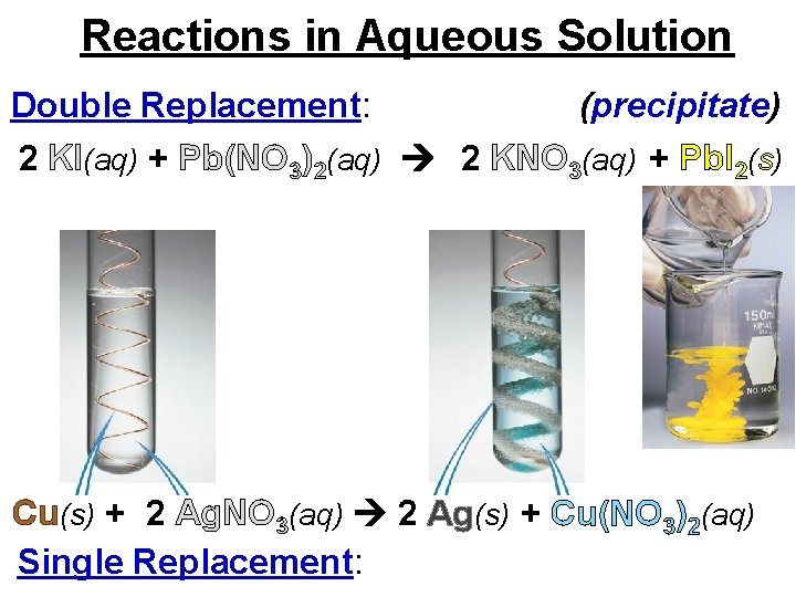 Reactions in Aqueous Solution Double Replacement: (precipitate) 2 KI(aq) + Pb(NO 3)2(aq) 2 KNO