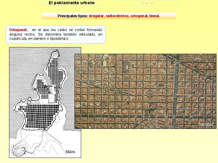 El poblamiento urbano El plano Principales tipos: Irregular, radiocéntrico, ortogonal, lineal. Ortogonal, en el