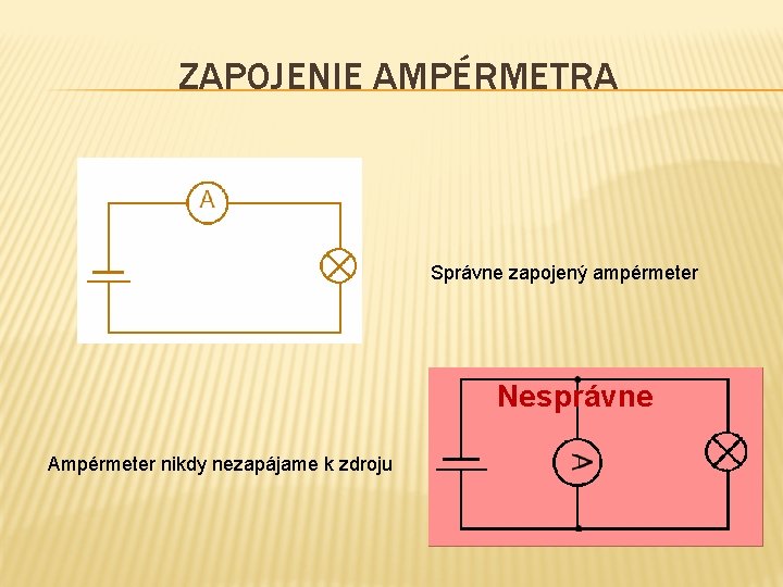ZAPOJENIE AMPÉRMETRA Správne zapojený ampérmeter Nesprávne Ampérmeter nikdy nezapájame k zdroju 