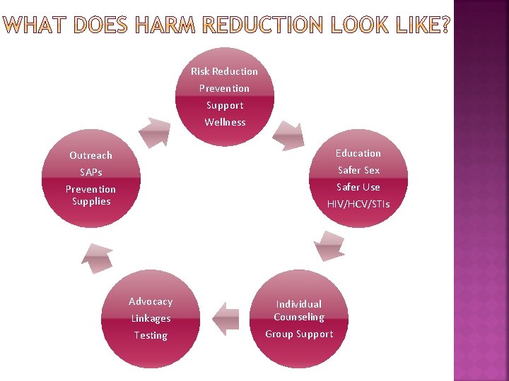 Risk Reduction Prevention Support Wellness Outreach SAPs Education Safer Sex Prevention Supplies Safer Use