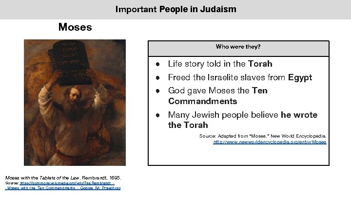 Important People in Judaism Moses Who were they? ● Life story told in the