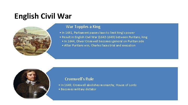 English Civil War Topples a King • In 1641, Parliament passes laws to limit