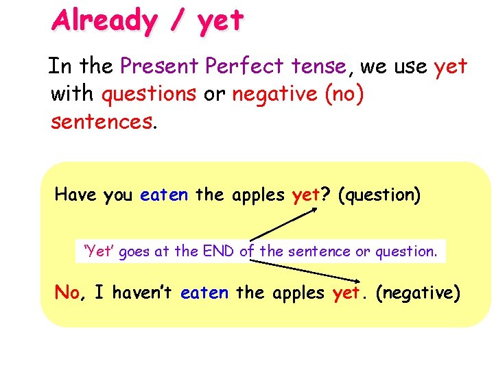 Already / yet In the Present Perfect tense, we use yet with questions or