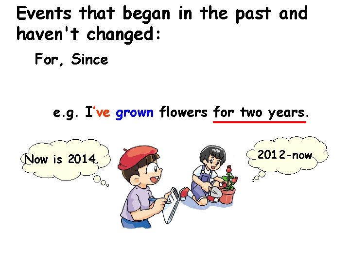 Events that began in the past and haven't changed: For, Since e. g. I’ve