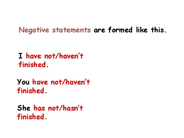 Negative statements are formed like this. I have not/haven’t finished. You have not/haven’t finished.