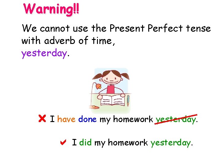 Warning!! We cannot use the Present Perfect tense with adverb of time, yesterday. I