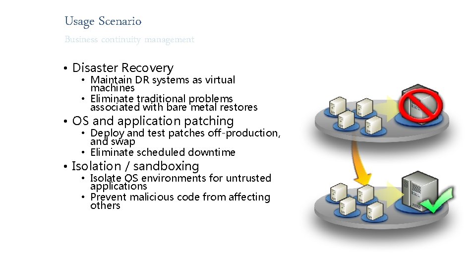 Usage Scenario Business continuity management • Disaster Recovery • Maintain DR systems as virtual