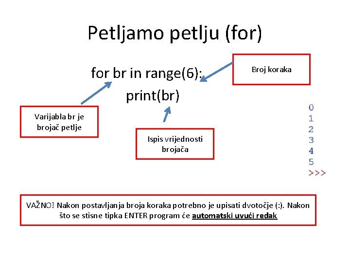 Petljamo petlju (for) for br in range(6): print(br) Broj koraka Varijabla br je brojač