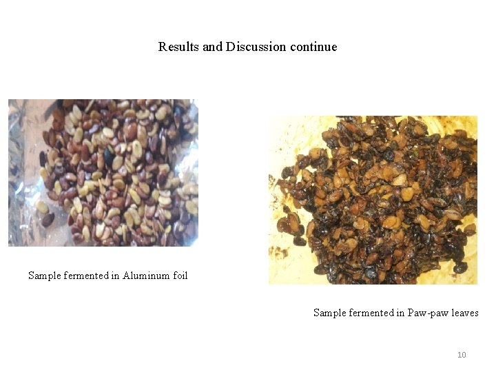 Results and Discussion continue Sample fermented in Aluminum foil Sample fermented in Paw-paw leaves