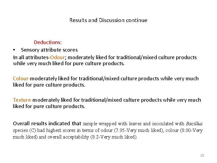 Results and Discussion continue Deductions: • Sensory attribute scores In all attributes-Odour; moderately liked