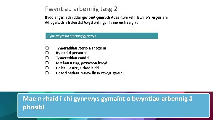 Pwyntiau arbennig tasg 2 Bydd angen i chi ddangos bod gennych ddealltwriaeth lawn o'r