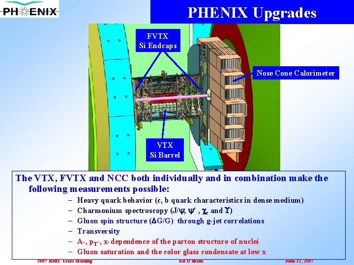 PHENIX Upgrades FVTX Si Endcaps Nose Cone Calorimeter VTX Si Barrel The VTX, FVTX