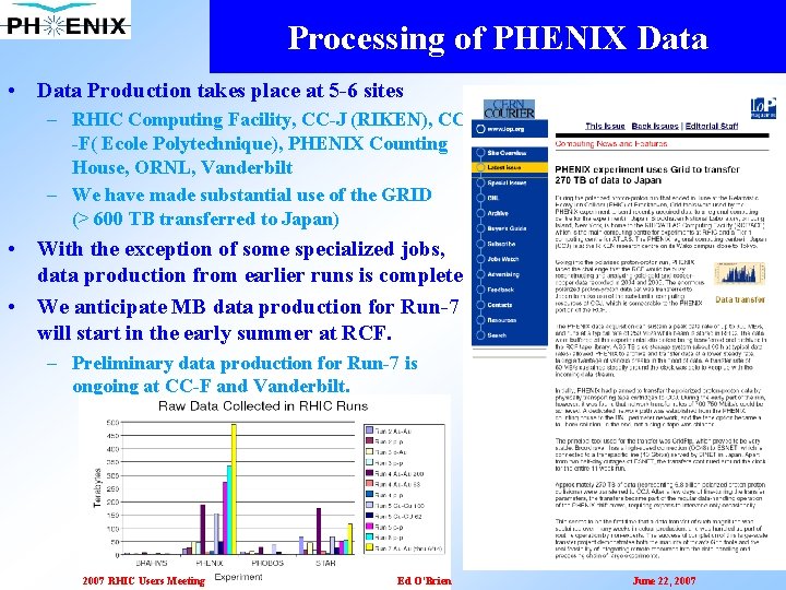Processing of PHENIX Data • Data Production takes place at 5 -6 sites –