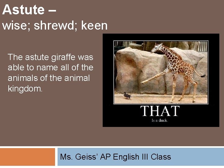 Astute – wise; shrewd; keen The astute giraffe was able to name all of
