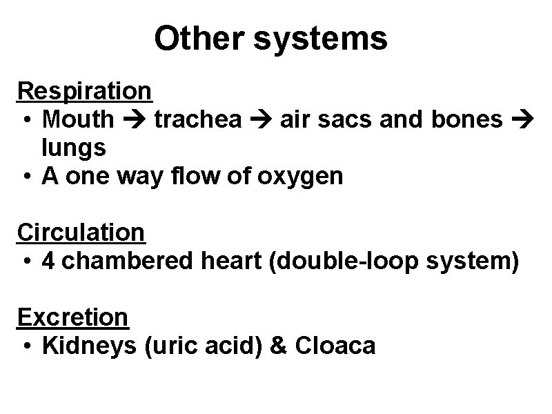 Other systems Respiration • Mouth trachea air sacs and bones lungs • A one