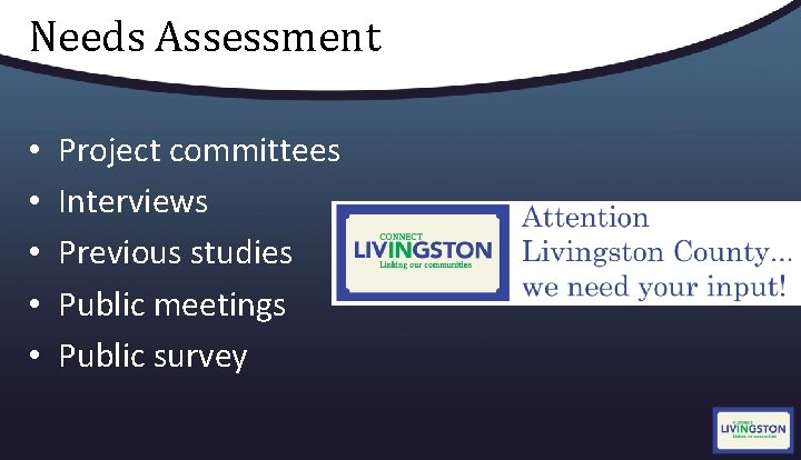 Needs Assessment • • • Project committees Interviews Previous studies Public meetings Public survey