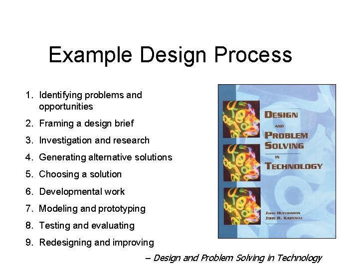 Example Design Process 1. Identifying problems and opportunities 2. Framing a design brief 3.