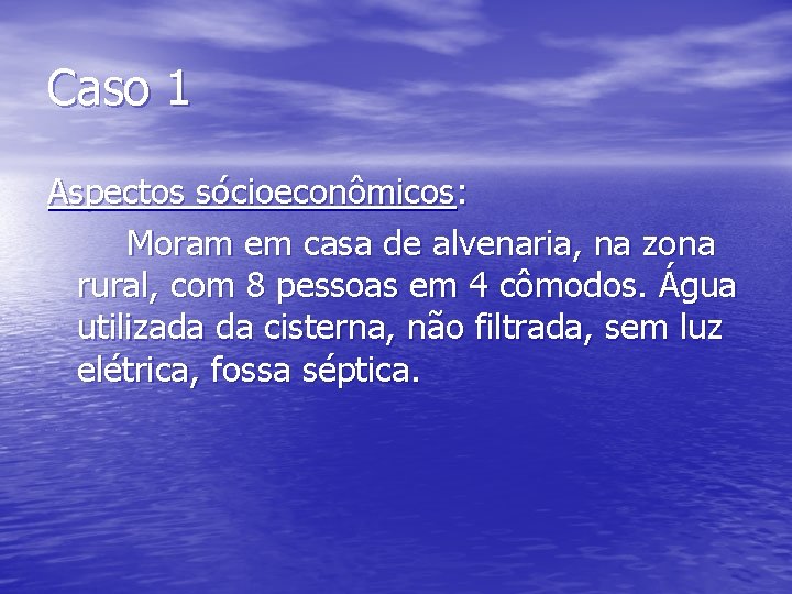 Caso 1 Aspectos sócioeconômicos: Moram em casa de alvenaria, na zona rural, com 8