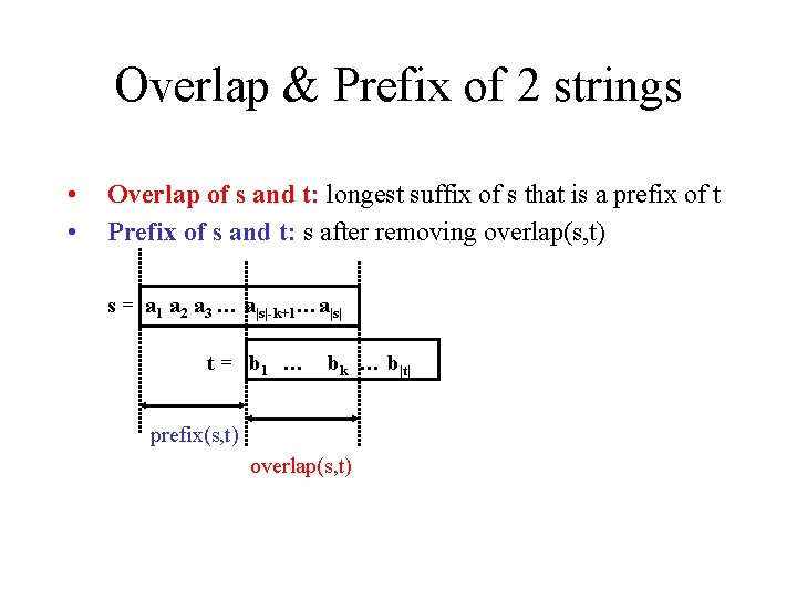 Overlap & Prefix of 2 strings • • Overlap of s and t: longest