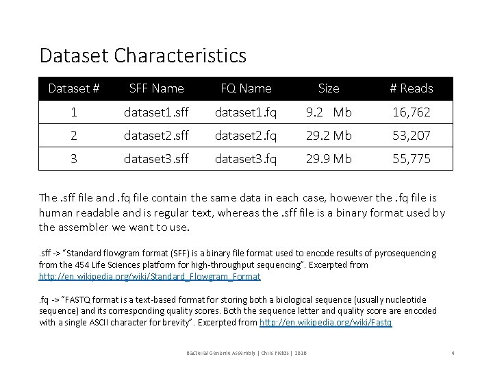 Dataset Characteristics Dataset # SFF Name FQ Name Size # Reads 1 dataset 1.