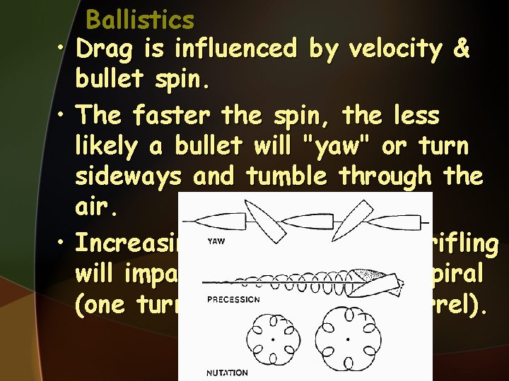  • • • Ballistics Drag is influenced by velocity & bullet spin. The