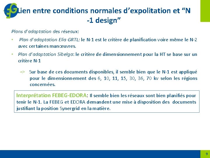 Lien entre conditions normales d’expolitation et “N -1 design” Plans d’adaptation des réseaux: •