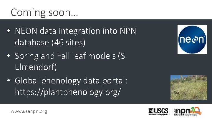 Coming soon… • NEON data integration into NPN database (46 sites) • Spring and