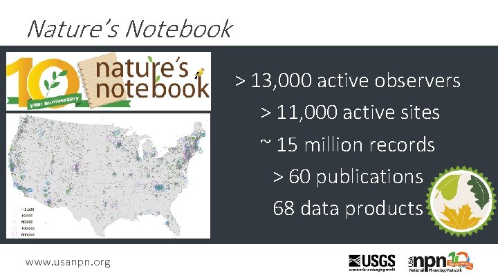 Nature’s Notebook > 13, 000 active observers > 11, 000 active sites ~ 15