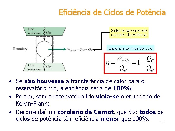 Eficiência de Ciclos de Potência Sistema percorrendo um ciclo de potência Eficiência térmica do