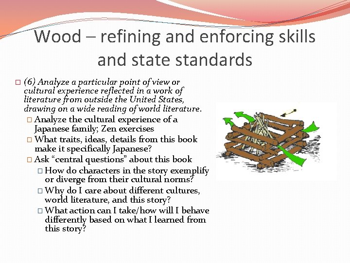 Wood – refining and enforcing skills and state standards � (6) Analyze a particular