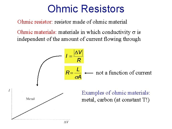 Ohmic Resistors Ohmic resistor: resistor made of ohmic material Ohmic materials: materials in which