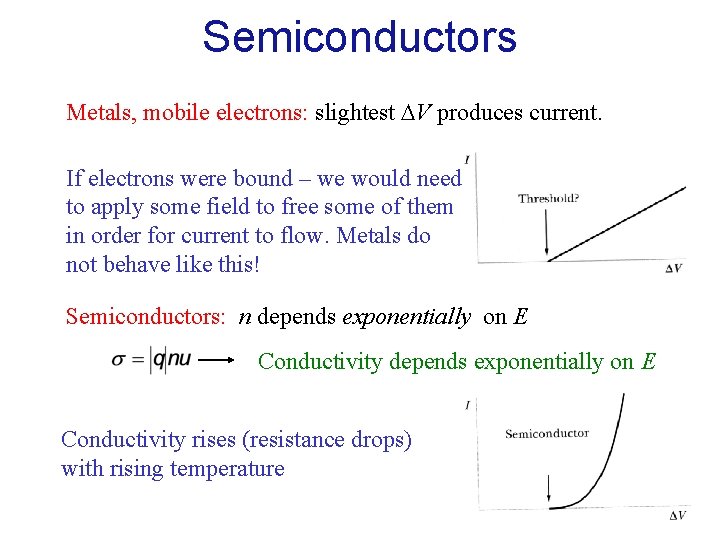 Semiconductors Metals, mobile electrons: slightest V produces current. If electrons were bound – we