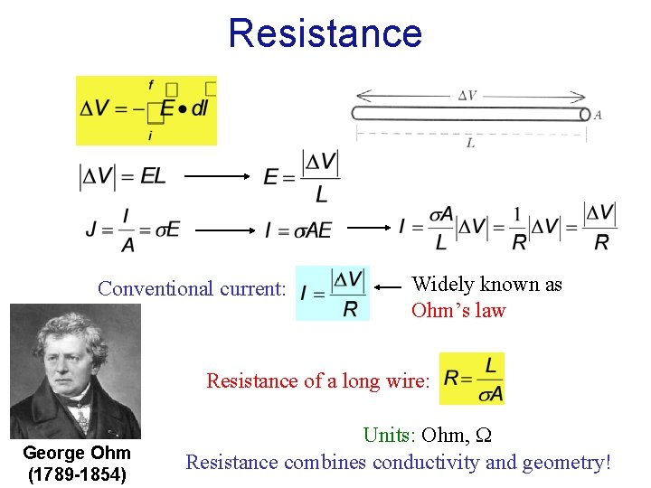 Resistance Conventional current: Widely known as Ohm’s law Resistance of a long wire: George