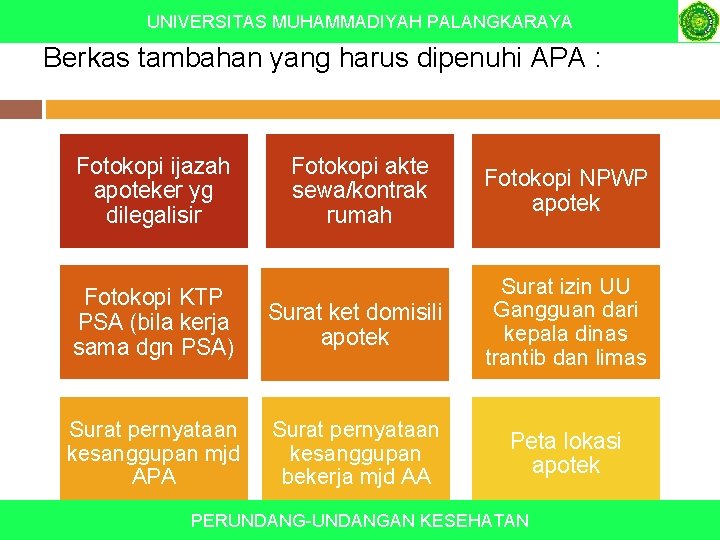 UNIVERSITAS MUHAMMADIYAH PALANGKARAYA Berkas tambahan yang harus dipenuhi APA : Fotokopi ijazah apoteker yg