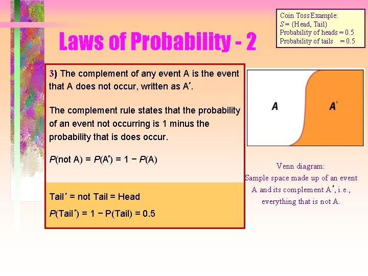 Laws of Probability - 2 Coin Toss Example: S = {Head, Tail} Probability of