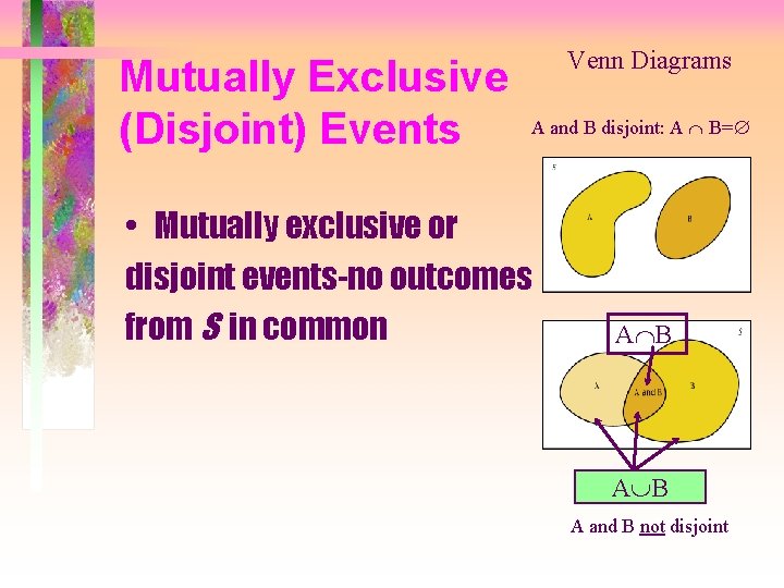 Mutually Exclusive (Disjoint) Events Venn Diagrams A and B disjoint: A B= • Mutually