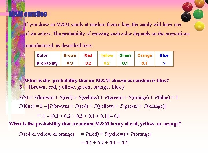 M&M candies If you draw an M&M candy at random from a bag, the