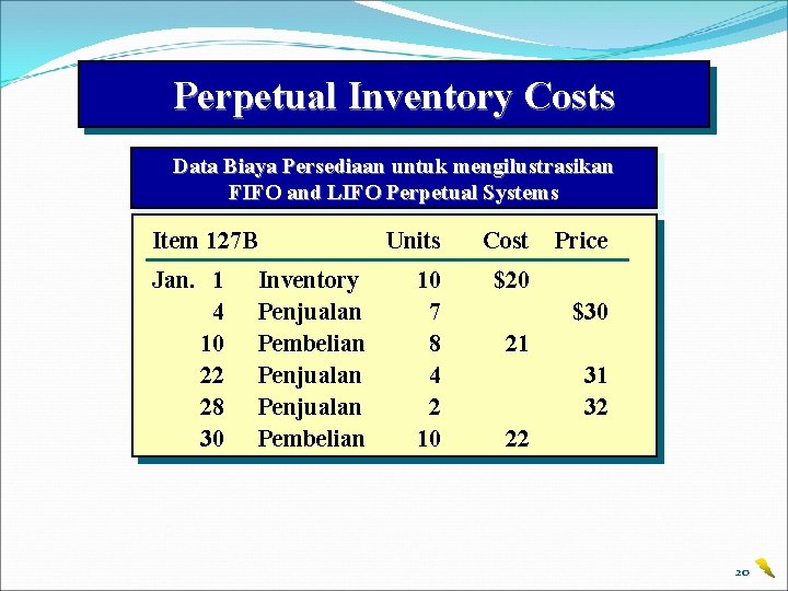 Perpetual Inventory Costs Data Biaya Persediaan untuk mengilustrasikan FIFO and LIFO Perpetual Systems Item