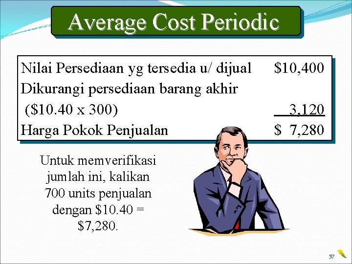 Average Cost Periodic Nilai Persediaan yg tersedia u/ dijual Dikurangi persediaan barang akhir ($10.