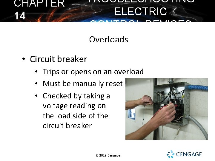CHAPTER 14 TROUBLESHOOTING ELECTRIC CONTROL DEVICES Overloads • Circuit breaker • Trips or opens