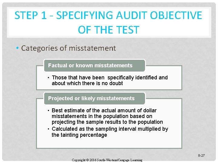 STEP 1 - SPECIFYING AUDIT OBJECTIVE OF THE TEST • Categories of misstatement Factual