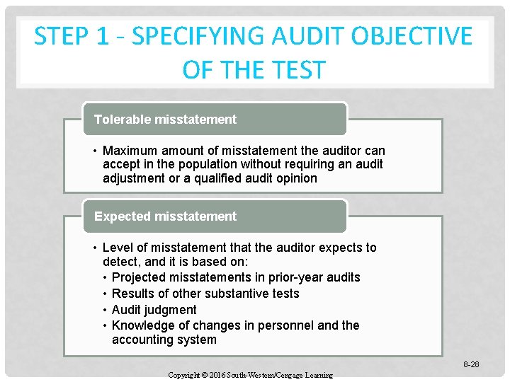 STEP 1 - SPECIFYING AUDIT OBJECTIVE OF THE TEST Tolerable misstatement • Maximum amount