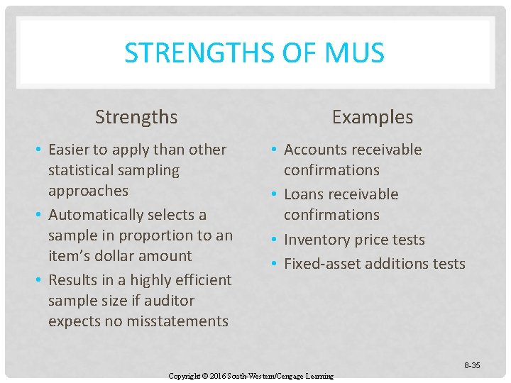 STRENGTHS OF MUS Strengths Examples • Easier to apply than other statistical sampling approaches