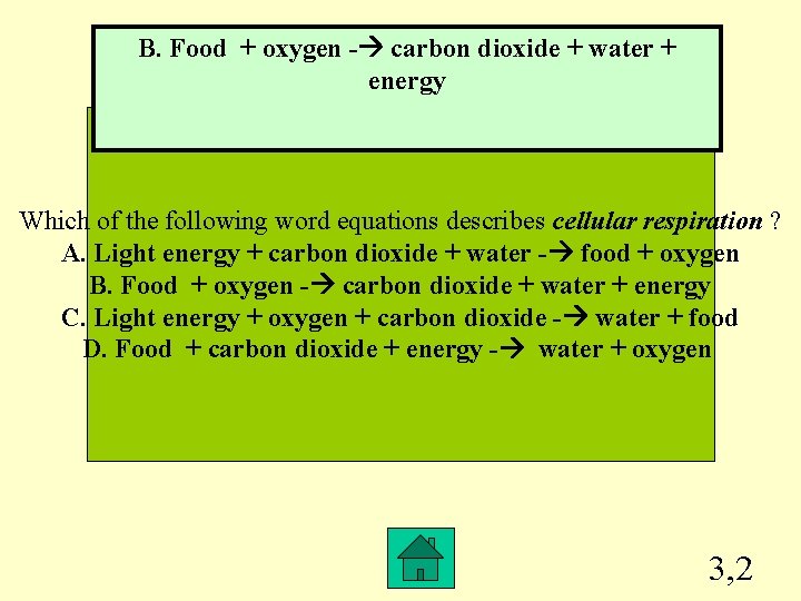 B. Food + oxygen - carbon dioxide + water + energy Which of the